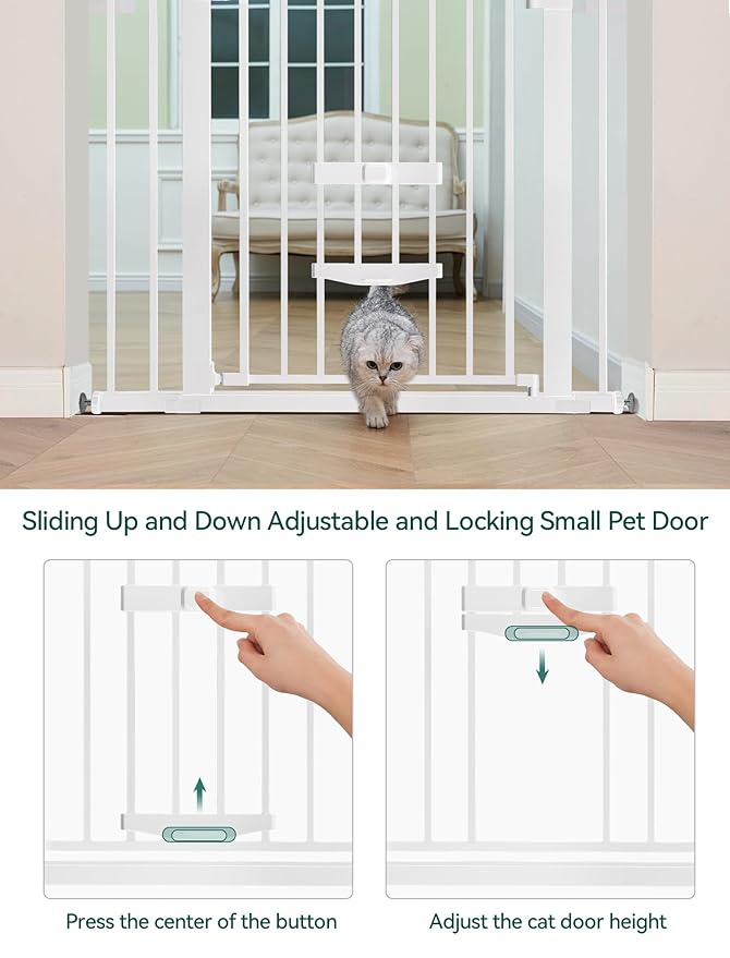 Babelio 29-48" Extra Wide Baby Gate with Cat Door, Auto Close Metal Pet Door for Stairs, Doorways, House, Pressure/Hardware Mounted, Easy Walk Thru, White