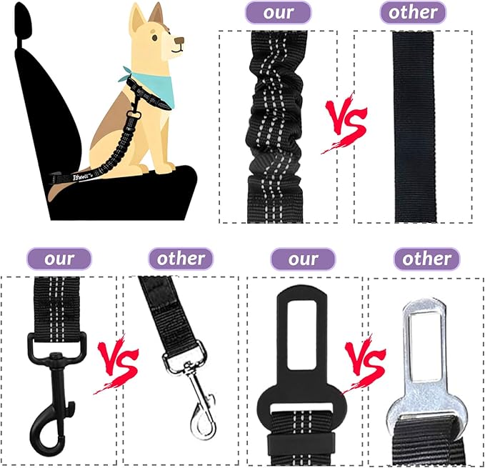 IBWell Dog Seat Belt,3 Piece Set Retractable Dog Car Harness Adjustable Dog Seat Belt for Vehicle Nylon Pet Safety Seat Belts Heavy Duty & Elastic (Black & Purple)