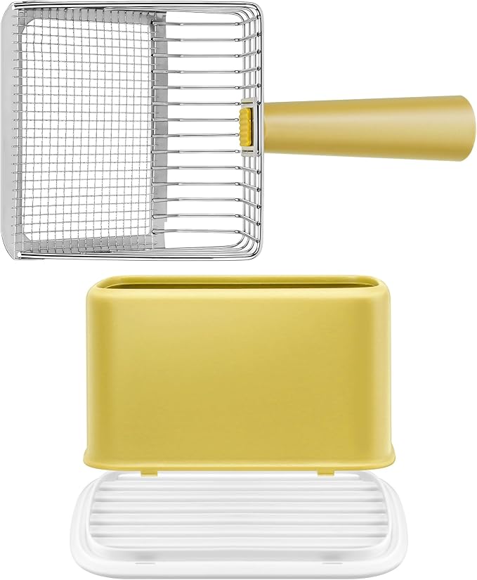 Metal Cat Litter Scoop with Holder, Heavy Duty Deep Sifter with Dual-Hole (10mm/5mm) for Pellets & Clay, Non-Stick (Yellow)