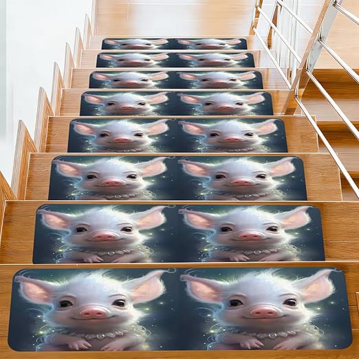 Animal Cute Pig Stair Treads for Wooden Steps Indoor Washable Staircase Carpet 1PCS 30"x7.8" Stair Step Treads Non-Slip Staircase Covers Peel and Stick Safety Mat for Kids Elders Pets
