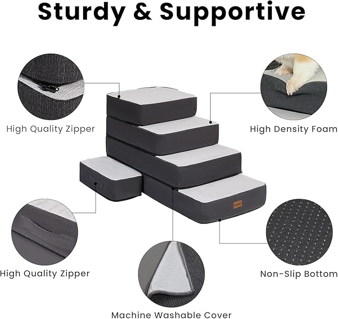 Garnpet 5-Step Adjustable Dog Stairs for High Beds, Dog Steps for Small Dogs and Cats, Foldable Pet Stairs for Bed Climbing, Non-Slip Pet Step Indoor, Grey