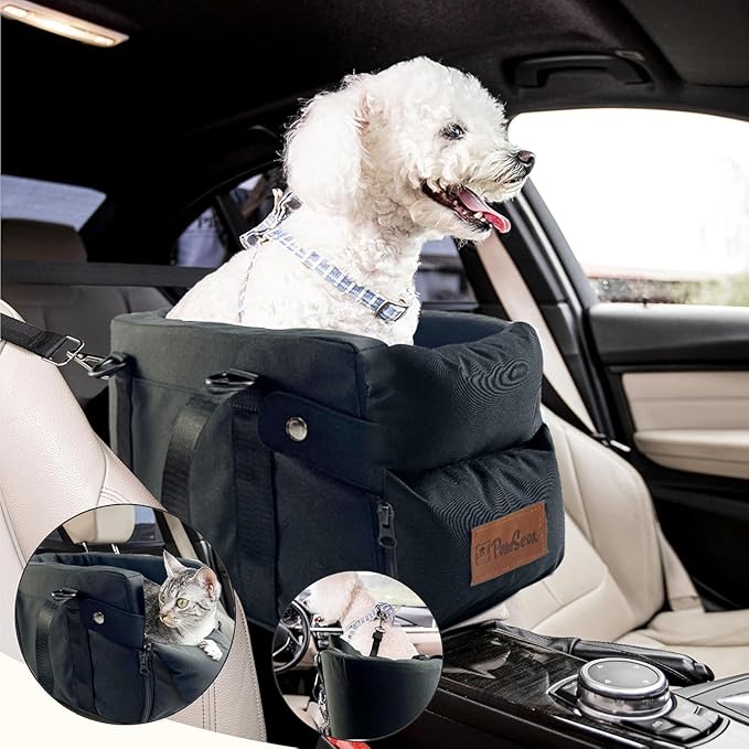 Center Console Dog Car Seat for Small Dogs and Puppies 5-13Lbs, Ideal Armrest Booster Car Travel Seat with Safety Protection Seat Belts, Storage Pockets - Reduces Anxiety (Black:)