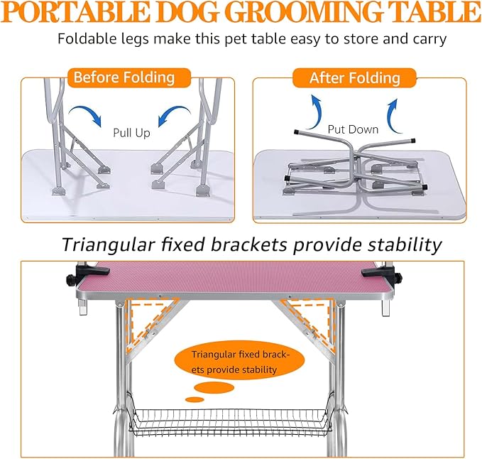 Professional Dog Pet Grooming Table Adjustable Heavy Duty Portable w/Arm & Noose & Mesh Tray (Pink, 42")