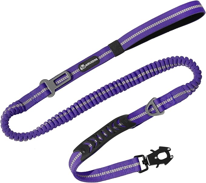 Heavy Duty Tactical Dog Leash, 4-6FT Shock Absorbing Bungee Lead with 2 Padded Handles, Metal Carabiner & Seatbelt Clip, Reflective No-Pull Leash for Medium/Large Dogs Purple