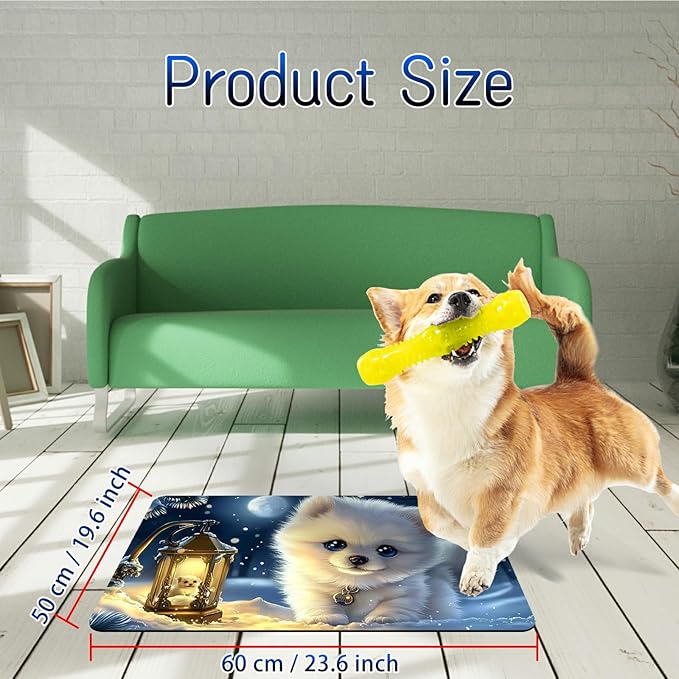 Dog Food Mat, 19.6" x 23.6" Absorbent Pet Feeding Mat for Food and Water, Waterproof Diatom Mud Pet Placemat with Non-Slip Rubber Backing, Easy Clean Cat Bowl Mat for Floors - White Snow Dog