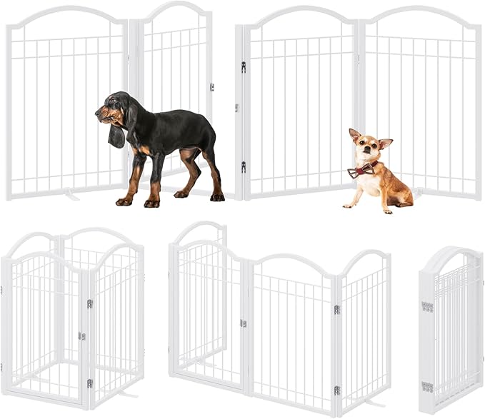 BHG Metal No-Assembly Freestanding Dog Gate with Door Walk Through, Extra Wide 80", Extra Tall 30" Pet Gate, Accordion Puppy Folding Playpen Dog Fence for Indoor & Outdoor, with 2PCS Support - White