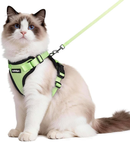 rabbitgoo Cat Harness and Leash Set, Escape Proof Vest Harness for Safe Outdoor Walks, Soft Breathable Adjustable Vest with Reflective Strips for Average to Large Cats, Light Green, M