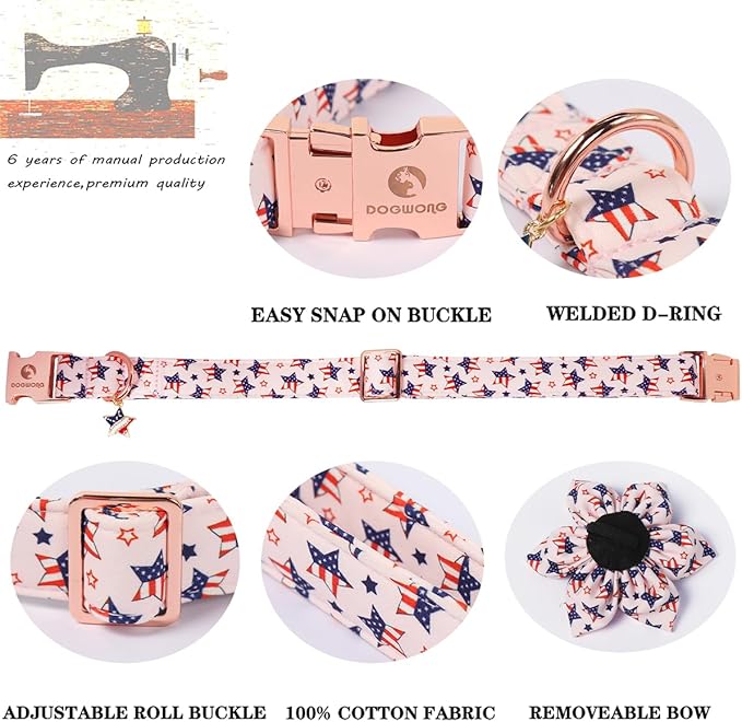 4th of July Independence Day Dog Collars with Flower, Pink Blue American Flag Star Dog Collar, DOGWONG Pink Girl American Flag Dog Collars for Small Dogs,XS