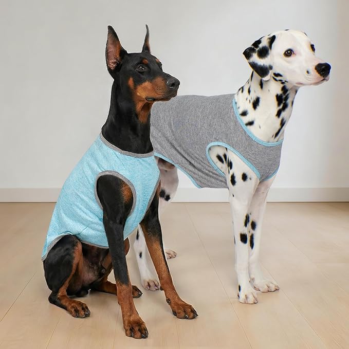 KYEESE 2Pack Dog Shirt, Lightweight Sun Protection Sleeveless Dog T Shirts for Medium Large Dogs Boy, Breathable Pet Reflective Tank Top Summer Dogs Clothes for Outdoor Walking, Grey+Sky Blue, 2XL