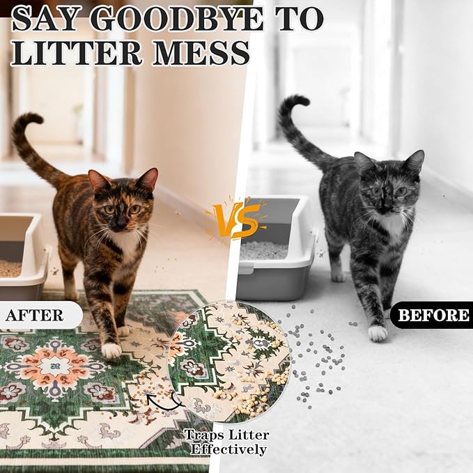 EXPAWLORER Cat Litter Mat, 28”x36” Medium Non-Slip Urine Waterproof Litter Trapping Mat Easy to Clean Washable Litter Box Mat for Floor Soft on Kitty Paws, Indoor Food Mats Rug Pads for Bathroom Green