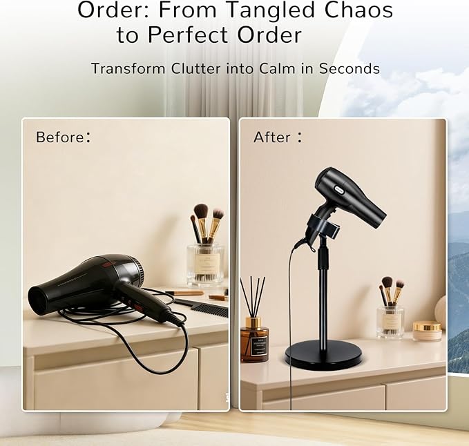 INNOLIFE Hands Free Hair Dryer Stand Holder with Adjustable Mount for Blow Dryer - Portable Standing Hair Dryer Stand for Bathroom Vanity, Home Use