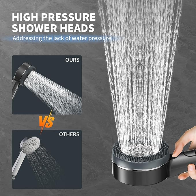 High Pressure Shower Head, Handheld Shower Head and Hose Set with 3 Filters, 59‘’ Hose & Bracket, 4 Spray Modes & Pause Switch, Hard Water Filtered Showerhead for Remove Residual Chlorine (Gray)