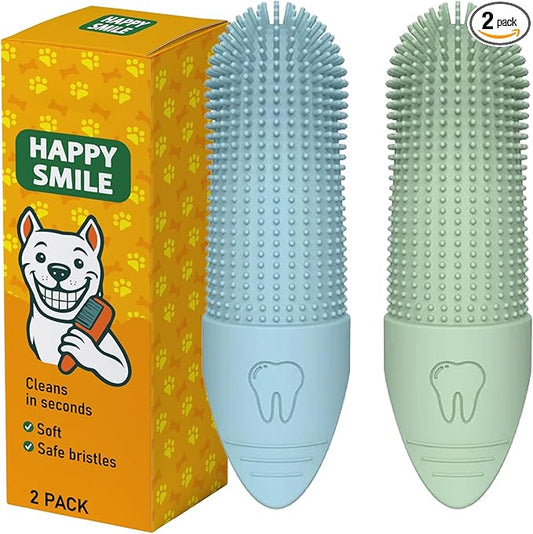 Happy Smile Dog Toothbrush 360° – Soft Silicone Finger Toothbrush for Dogs & Cats, Gentle Teeth Cleaning, BPA-Free, 2-Pack (Blue & Green)