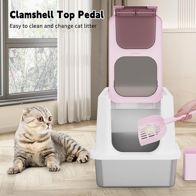 RIZZARI Extra Large Enclosed Cat Litter Box – Pink Stainless Steel Top Entry Litter Pan with Anti-Leak Design, Non-Stick Easy-Clean Surface & Odor Control for Indoor Spaces