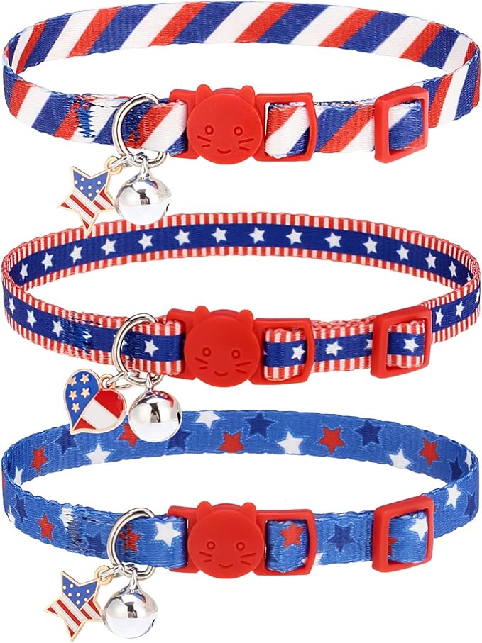 PUPTECK Cat Collar Breakaway with Bells, Kitten Collar Outfit Adjustable for Girl Boy Small Pet Puppy Bunny, Cute Costume Accessory with Safety Release Buckle (American Flag)