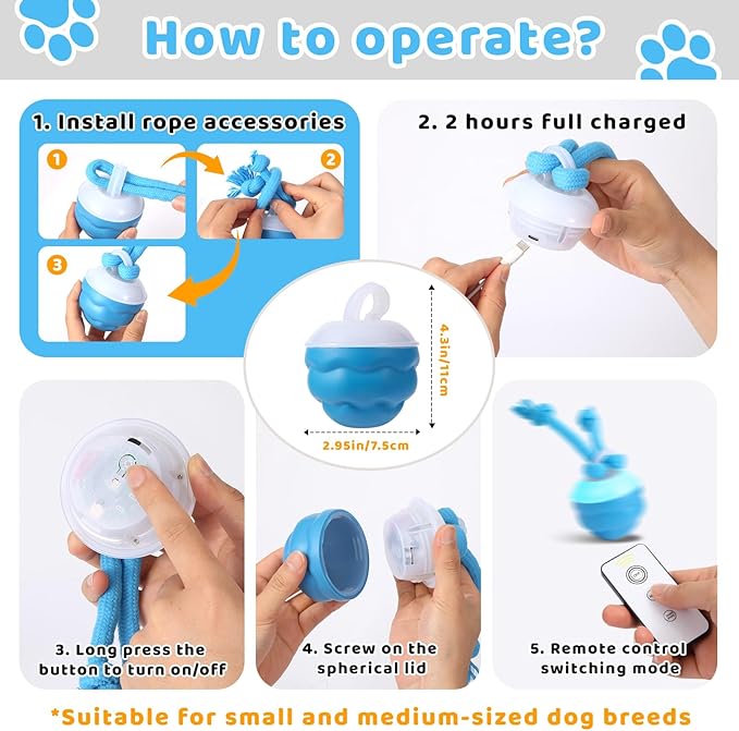 Interactive Dog Toys with Remote Control - 4 Play Modes, Obstacle Avoidance & Replaceable Chew-Resistant Rope, USB Rechargeable Automatic Moving Ball, Mental Stimulation for Small Medium Dogs or Cat