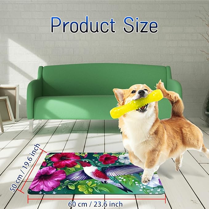 Dog Food Mat, 19.6" x 23.6" Absorbent Pet Feeding Mat for Food and Water, Waterproof Diatom Mud Pet Placemat with Non-Slip Rubber Backing, Cat Bowl Mat for Floors - Petunia Hummingbird