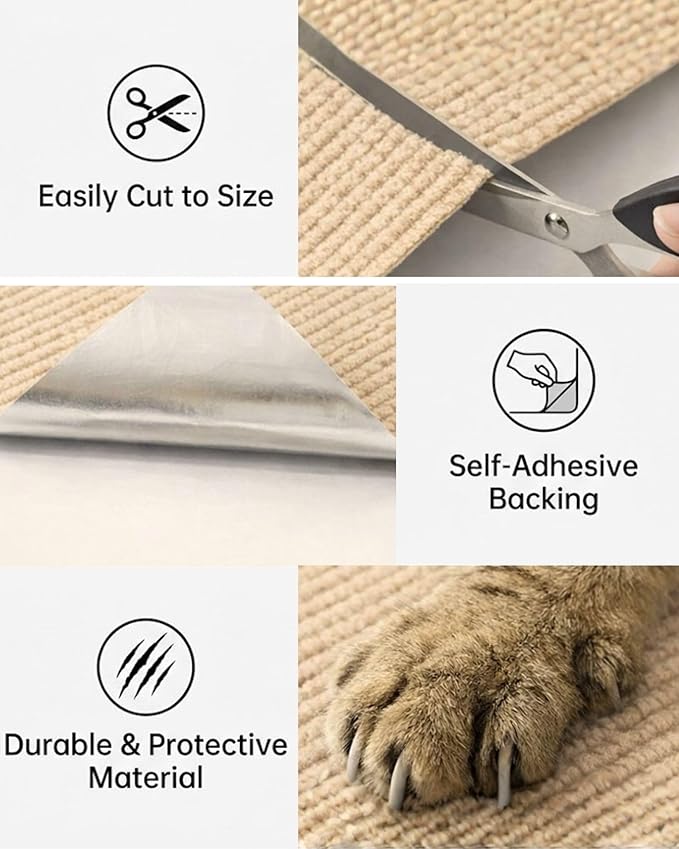 Corner & Wall Cat Scratch Mat, Self-Adhesive Trimmable Cat Scratcher, Wall Mounted Scratching Pad for Indoor Cats, Sofa Furniture Protector, Cat Post Cover Replacement (Beige, 23.6''x11.8'', 3-Pack)