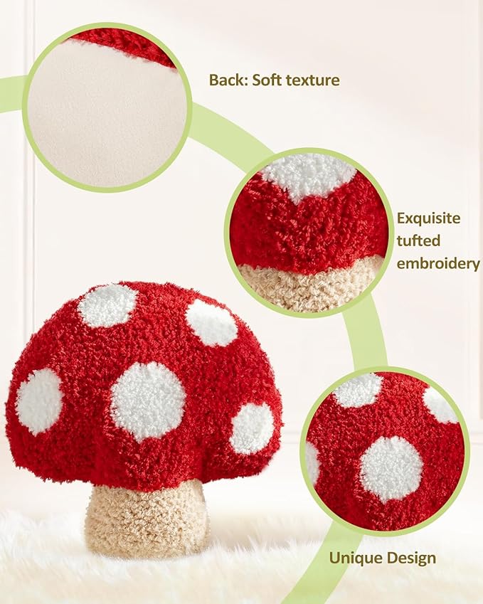 Mushroom Shaped Throw Pillow - Cute Decorative Plush Throw Pillow for Couch, Sofa, or Living Room, 13.8" x 13.8" Soft Stuffed Cushion for Home Decor