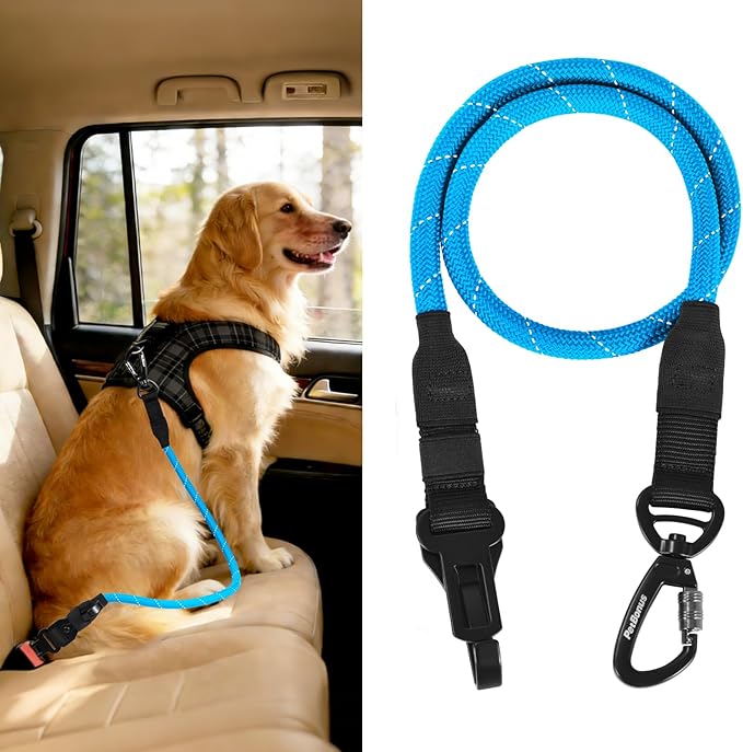 PetBonus Dog Seat Belt for Car, Durable Rope Dog Car Harness Seatbelt for Vehicle, Pet Tether Safety Restraint with Heavy Duty Buckle Hook Latch Lockable Clip for Small Medium Large Breeds(Light Blue)