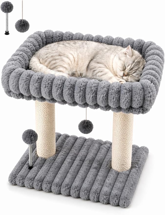 Cat Tree with Cat Scratching Post for Indoor Cats,Small Cat Tower with Soft Large Perch Bed Sisal Scratcher for Medium Cats and Kitten,Activity Play Centre Spring & Hanging Toy Balls,Grey