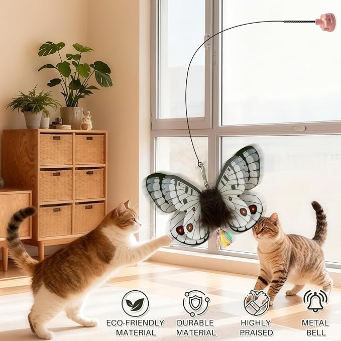 Walfront Cat Toys Interactive Teaser Wand, Butterfly Attachment with Pink Petal Suction Cup Base, Realistic Butterfly & Feather for Independent Play or Interactive Bonding with Cats & Kittens