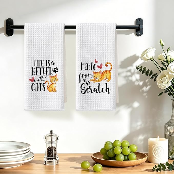 Hanamiya Na 2Pcs Cute Cat Kitchen Towels 24x14 Inch, Make from Scratch, Absorbent Microfiber Dish Cloth Tea Towel, Waffle Hand Towels for Kitchen Home Bathroom, Cat Lover Gifts