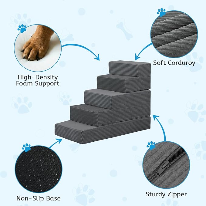 Dog Stairs for Small Dogs, 22" H Dog Steps for High Bed, 5 Steps 3 in 1 Foldable Pet Ramp for Large Cats Climb, Transformable Large Cats Ramp to Get on Couch, Non-Slip Balanced, Dark Grey