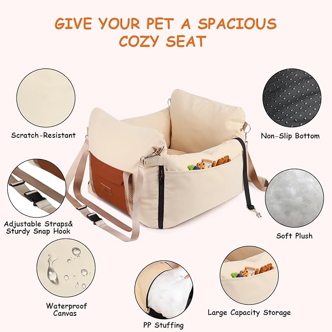 Dog Car Seats for Small Dogs, Waterproof Puppy Car Seat with Side Handles and Large Pockets, Clip-On Safety Leash and PP Cotton Filling, Pet Booster Seat for Small Dog up to 25lbs (Apricot)
