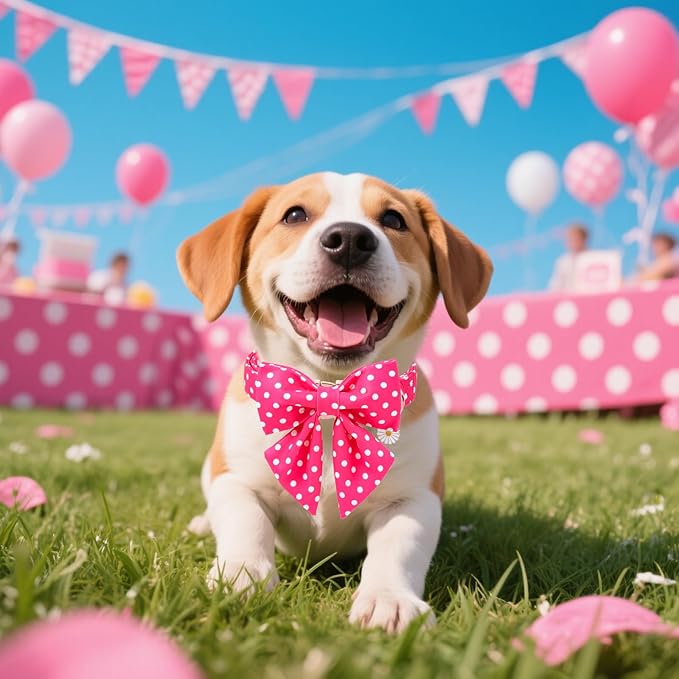 Pink Dog Collar for Girl Dogs, Spring Summer Pink Dots Dog Collar with Bowtie- Adjustable Female Sailor Bow Dog Collar for Small Dogs S