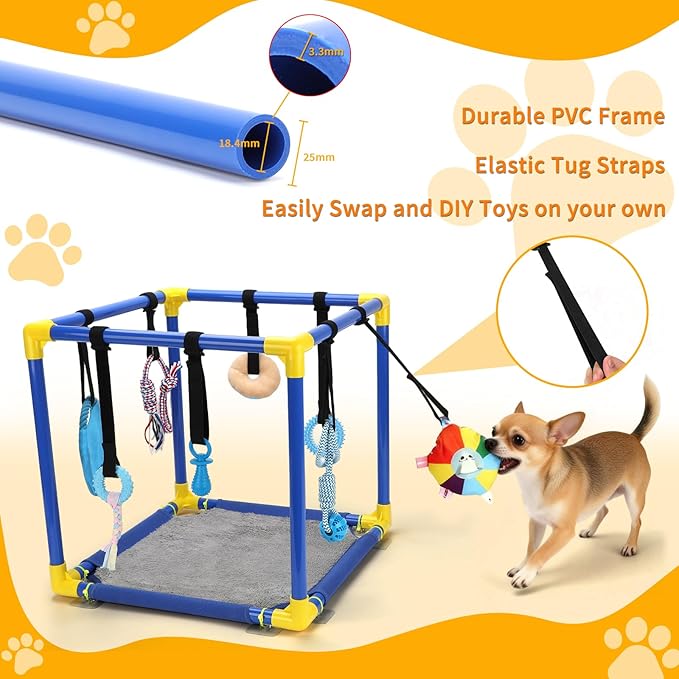 Puppy Play Gym with Hanging Toys, Dog Indoor Jungle Gym as Activities Center for Puppies, PVC Frame with 8 Enrichment Toys for Small Dogs Kitten and Other Pets