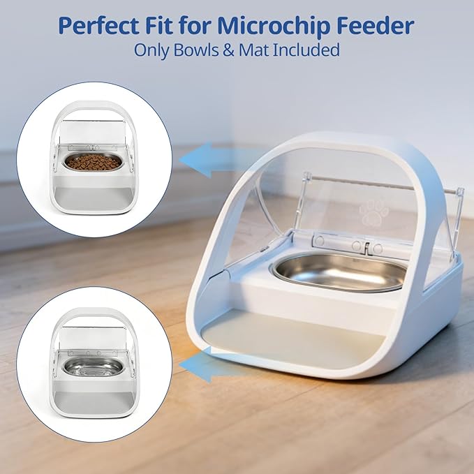 2-Pack Stainless Steel Cat Bowls + 1 Feeding Mat, Specially Designed for Automatic Microchip cat feeders Upgraded Rubber Sealing Ring Design, Durable, Safe for Hands and Pets During Cleaning