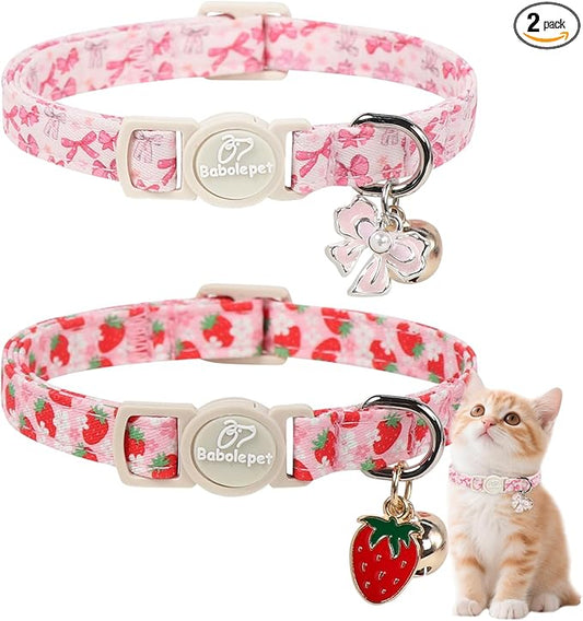 2 Pack Pink Cat Collars - Cute Strawberry & Bow Breakaway Cat Collars, Adjustable Girly Pink Kitten Collar for Small Dogs Puppy, Spring Summer Pet Safety Collar with Bell & Pendant