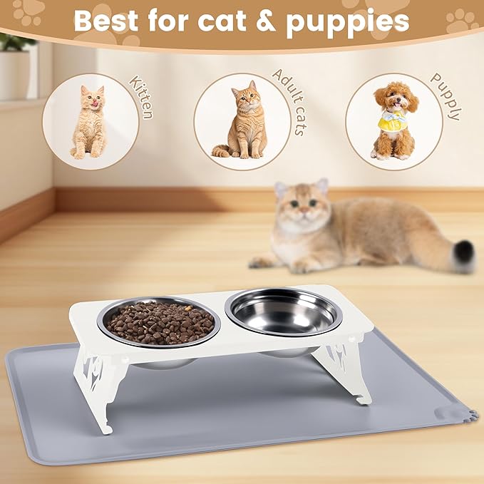 Elevated Cat Bowls with Food Mat,10° Tilted Anti-Vomiting Raised Cat Food Bowl for Small Cats and Puppies, Foldable 2 Stainless Steel Pet Bowl with Stand-Milky White