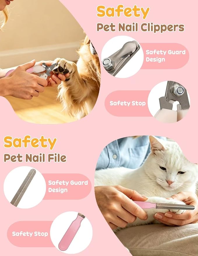 Specialized Dogs Grooming Set for Shedding Season, 10-Piece Set, Including Pet Nail Clippers, Nail Files, a Flea Comb, Grooming Gloves, and a Comb Set; Suitable for Cats and Dogs (Pink)