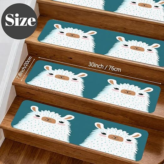 Animal Cute Cartoon Alpaca Stair Treads for Wooden Steps Indoor Washable Staircase Carpet 10PCS 30"x7.8" Stair Step Treads Non-Slip Staircase Covers Peel and Stick Safety Mat for Kids Elders Pets