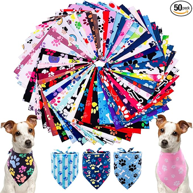 PET SHOW 50Pcs Paw Pattern Dog Bandanas Bulk Washable Puppy Girl Boy Triangle Bibs Accessories for Small Medium Dogs Cats Pets