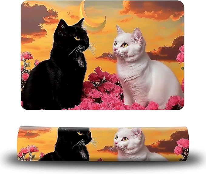 Dog Food Mat, 15.7" x 23.6" Absorbent Pet Feeding Mat for Food and Water, Waterproof Diatom Mud Pet Placemat with Non-Slip Rubber Backing, Cat Bowl Mat for Floors - Rose White Black Cat