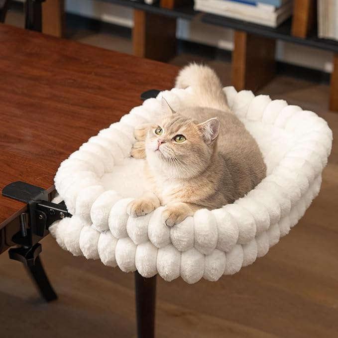 CHEERPALS Cat Desk Bed with Reversible Cushion, 90°Foldable Cat Hammock for Desk Mounted Removable & Washable, Suitable for Medium-to-Large Cats and Puppy, Cloud Series(White, Medium)