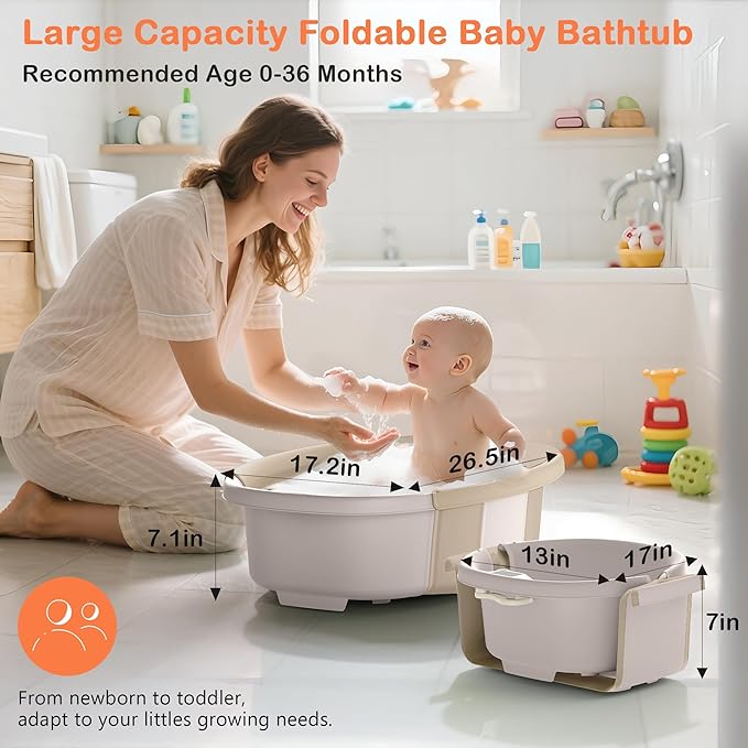 Collapsible Baby Bathtub - Large Baby Bath Tub with Thermometer & Cushion | Travel Portable Newborn Infant Bathtub | Foldable Toddler Bathtub for Baby 0 to 36 Months (Khaki)