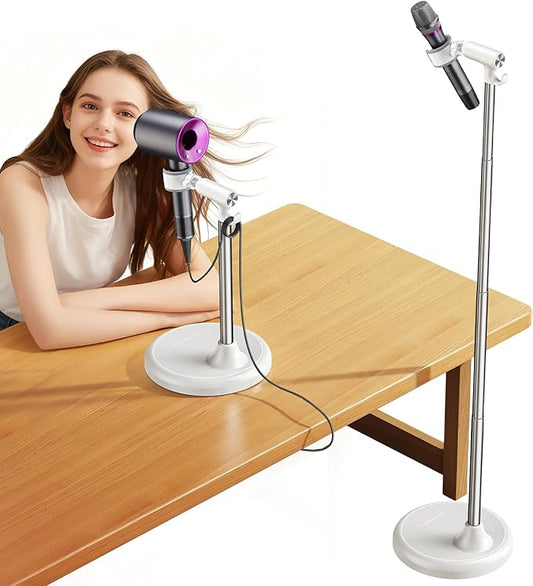 Hair Dryer Stand Hands Free With Anti-Slip Stable Base, Aluminum Alloy ,Adjustable Height 17 - 51 Inch,Blow Dryers Hairdryer Holder for Families & Pet Grooming Bathroom Use Hair Dryer Holder（White）