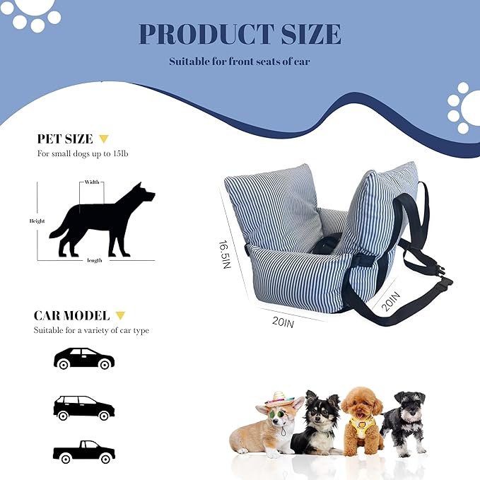 Versatile Dog Booster Car Seat Bed for Small Dogs Puppy Cats Pet Carrier with Side Pockets, Expandable Dog Bed for Auto, Blue Stripes