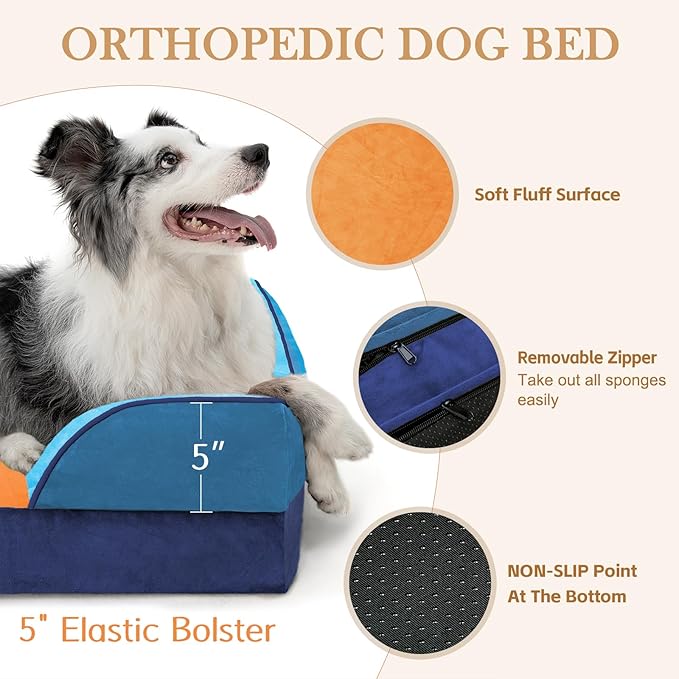 Comfort Expression Orthopedic Dog Bed for Extra Large Dogs 45x35 Inch, Waterproof Egg Crate Foam XL Pet Bed with Bolsters, Dog Couch with Washable Cover & Non-Slip Bottom, Golden Harbor