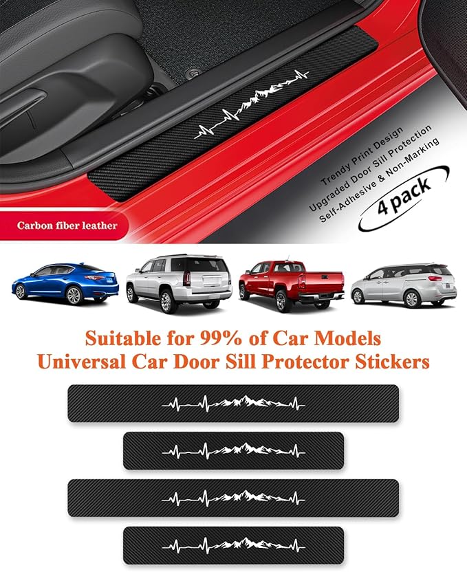 4Pcs Car Door Sill Protector Carbon Fiber Anti-Scratch & Waterproof Heartbeat Mountains Front & Rear Door Sills Scratch Protection Universal Car Threshold Accessories for Cars SUV Truck