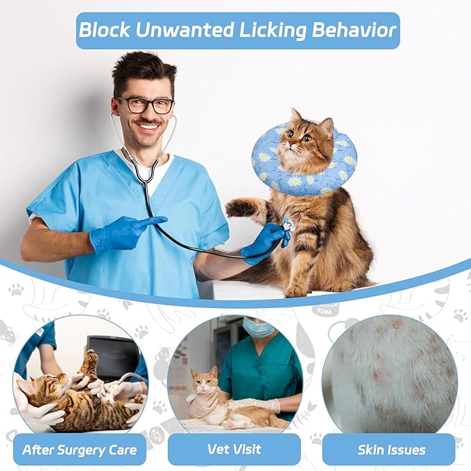 Seyezo Cat Cone Collar Soft, Spay Soft Cones to Stop Licking, Cat Neck Donut Pillow After Surgery, Spay Cones for Kittens, Soft Recovery Cone for Cats, Elizabethan Kitten Cones (Blue Fish, Medium)