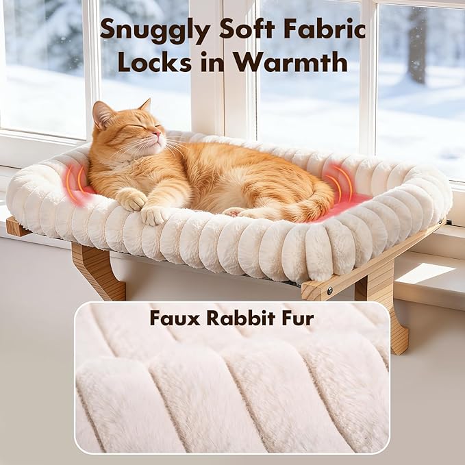 Zoratoo Cloud-Cuddle Cat Perch for Window Sill with Bolster, Natural Wood & Metal Frame Cat Window Seat for Large Cats, Easy to Adjust Zipper Cushion Pet Bed for Windowsill (Medium)