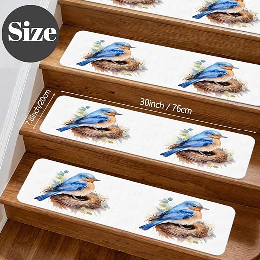 Animal Blue Bird Stair Treads for Wooden Steps Indoor Washable Staircase Carpet 1PCS 30"x7.8" Stair Step Treads Non-Slip Staircase Covers Peel and Stick Safety Mat for Kids Elders Pets