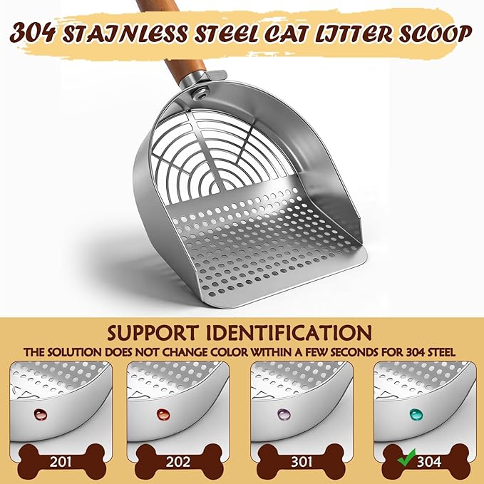 Cat Litter Scoop 304 Stainless Steel Rust Proof, Sifting Litter Box Scooper with Wood Handle, Curved Design for Easy Cleaning, Dual Sifter Holes cat Litter Shovel