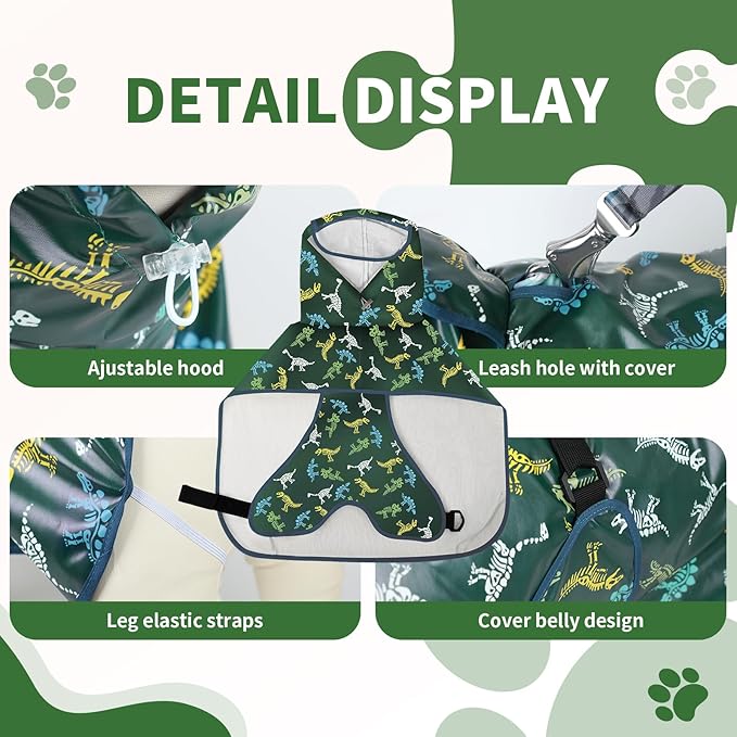 Dog Raincoat, Waterproof Windproof Dog Rain Jacket with Hood, Rain Coat with Leash Hole, Adjustable Raincoat Poncho for Small Medium Large Dogs Outdoor (Green, XS+)