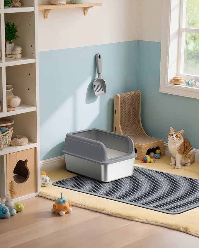 Powools 35" x 30" Cat Litter Mat - Ultra-Large Litter Box Mat with Double Layers, Urine-Proof and Non-Slip Litter Trapping Mat, Easy to Clean Kitty Litter Mats for Floor, Scatter Control, Grey